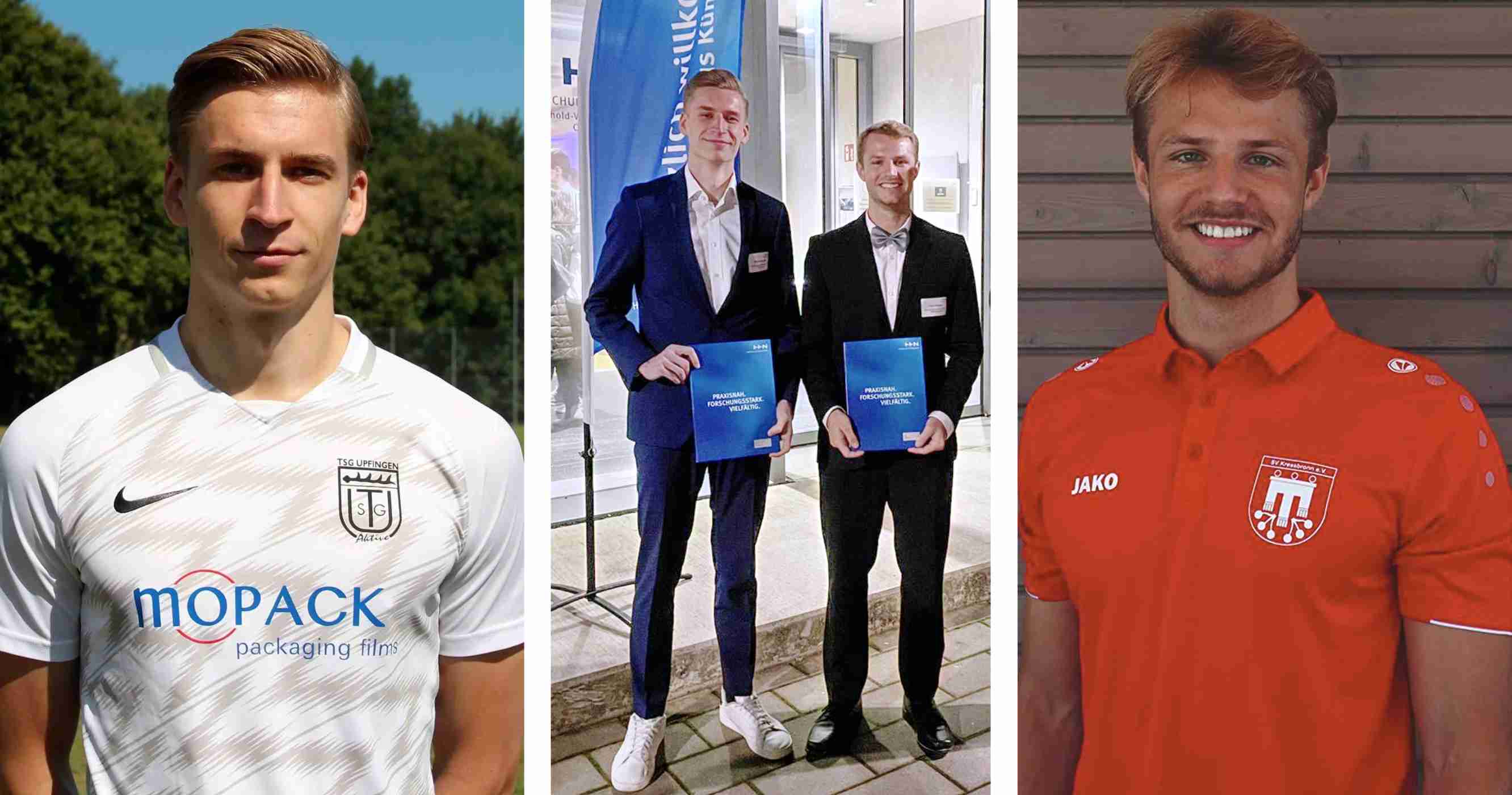 Die Zoltra Sports Gründer Mark (links) und Elias (rechts) im Trikot und bei ihrer Graduierung.